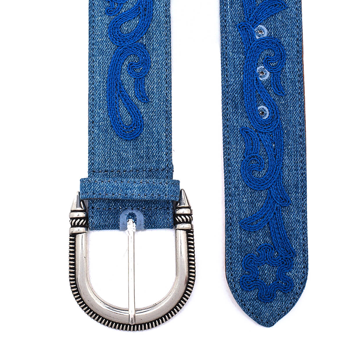  Etro-Blue Denim Embossed Silver Toned Buckle Belt 32||80 